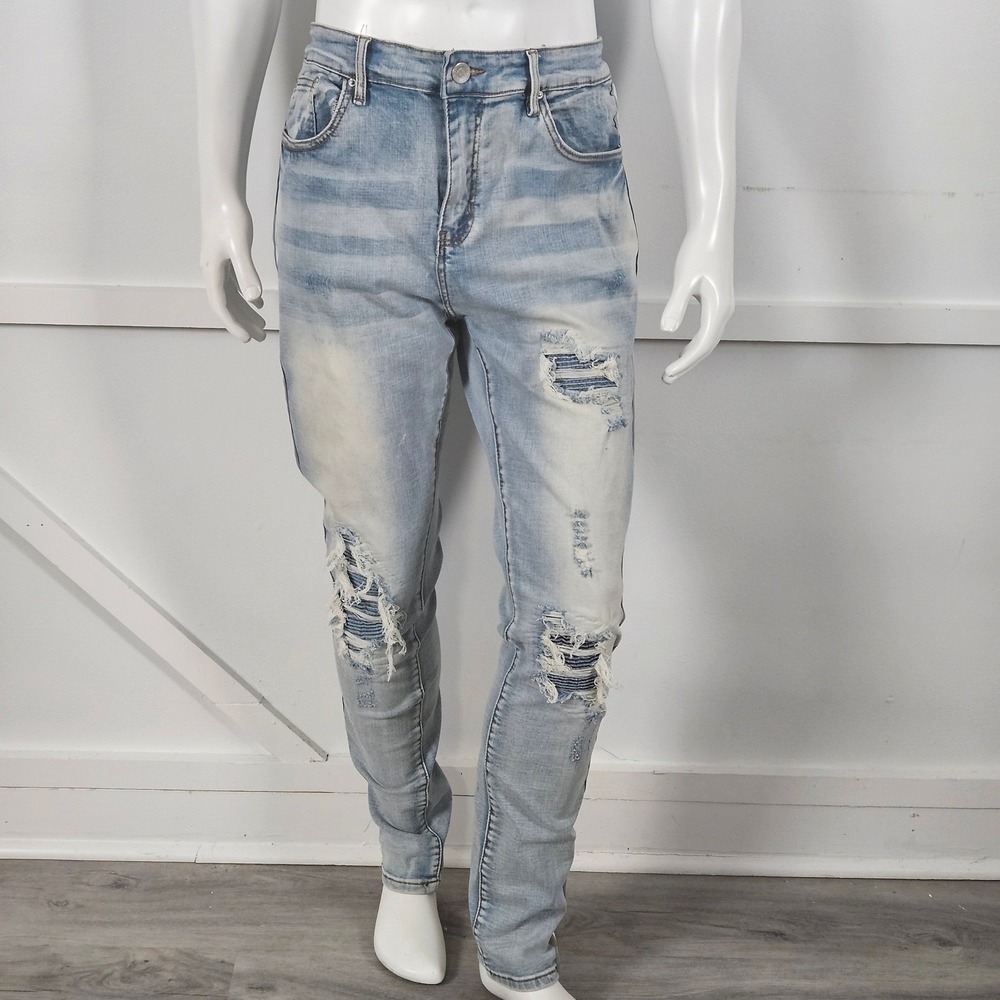 Embellish NYC Mens Distressed Side Stripe Moto Jeans Light Wash Blue Size 38x33